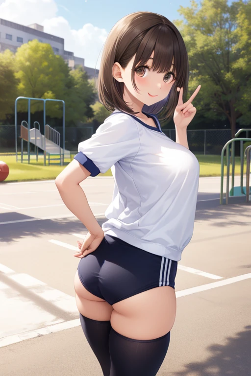 adjusting clothes, 
from behind.
cute face, kawaii, cute, very big eyes, Aesthetic Anime Eyes, small face,
(8K,  masterpiece, best quality, high resolution:1.3),
huge breasts, brown eyes, 
buruma, gym shirt,
1girl, 独奏,  school gym,

In underwear

