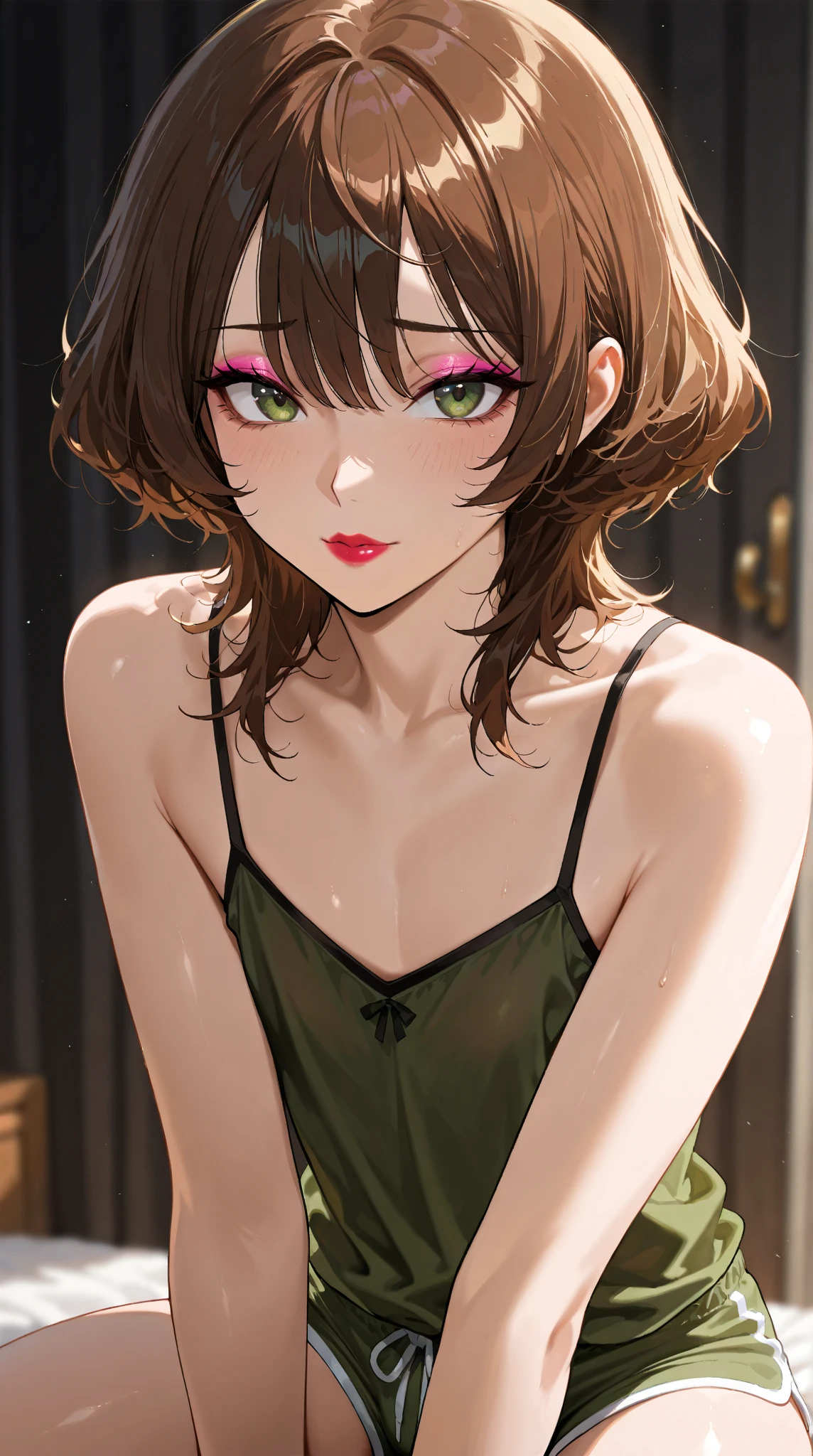 Brunette with green eyes and very short hair. 
