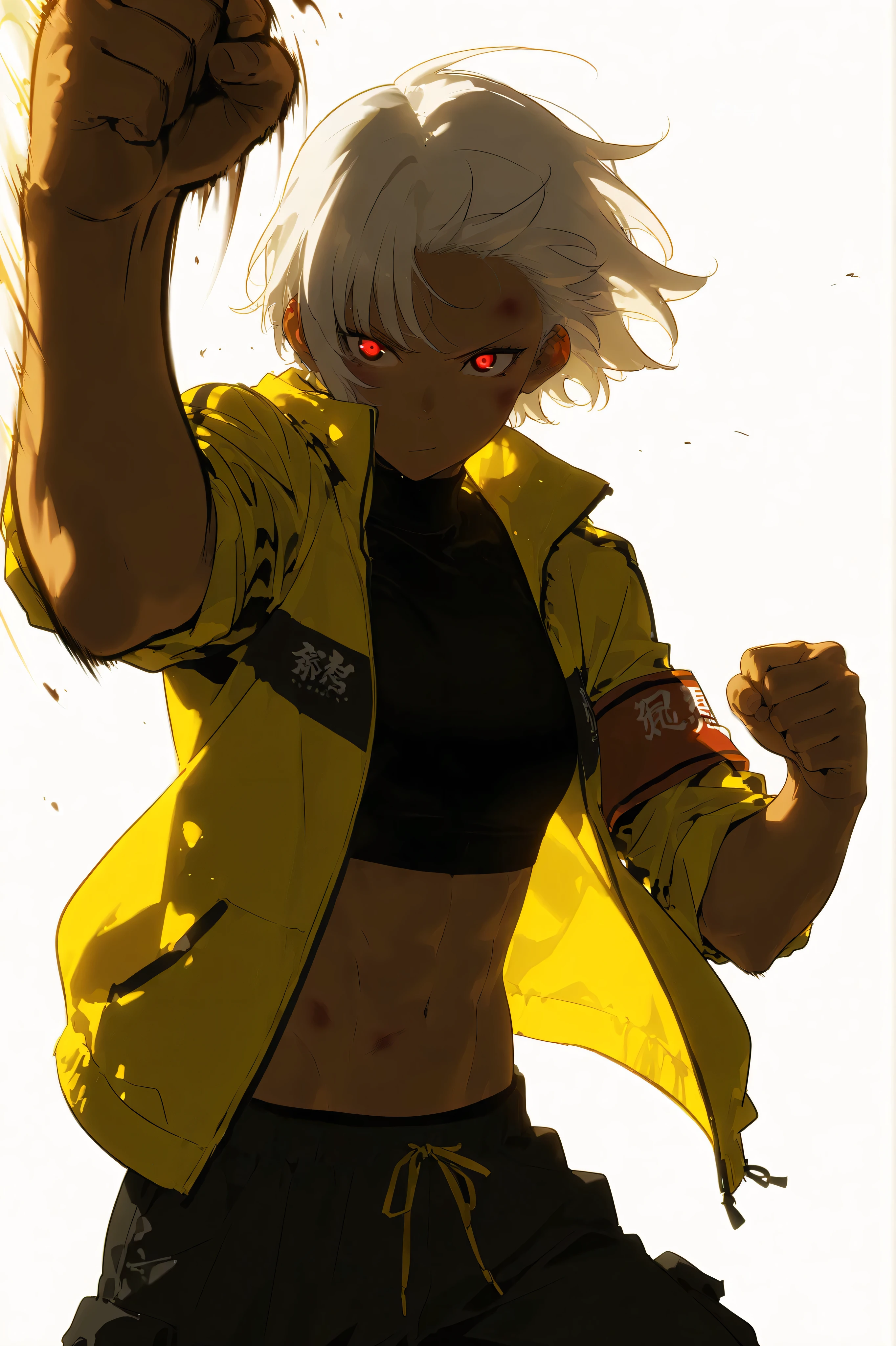 Beautiful, athletic body, toned body, alone, female, shoulder lenght white hair, red black eye, tanned, black sleeveless turtleneck shirt, yellow oversize sport jacket with red armband, Rolled up sleeve , black cargo pants, abs , intricate sketch, expressive eyes, nose and mouth, punching pose, bruised fists, 2d, solo leveling art style