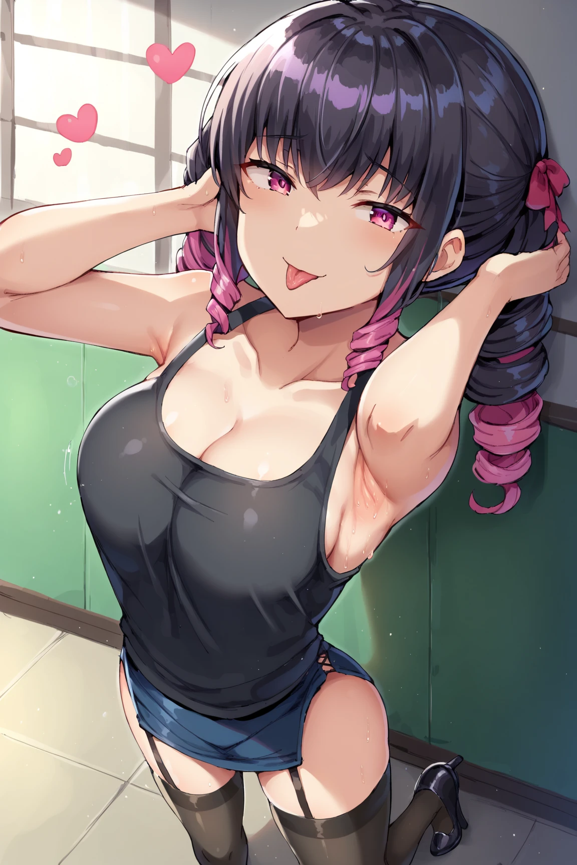 (8K、Highest image quality、best quality、masterpiece)、Detailed face、((one ))、eye fence、black hair、short twintails、gray eyes、smile、((Grinning))、small breasts、((pink camisole))、((Denim Pencil Miniskirt))、Cowboy shooting、Underwear store background,beautiful breasts、huge breasts:1.4,beautiful breasts、huge breasts:1.4