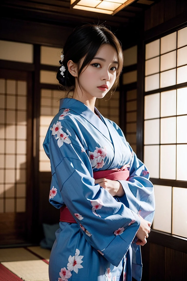 (Photorealsitic:1.4), (Top image quality:1.0), (超A high resolution:1.0), 8K, Raw photography, (masterpiece:0.2), (pureerosface_v1:0.5)、(Best Quality Detail:1.2)、realisitic、8K UHD、hight resolution、(1girl in:1.2)、The ultra-detailliert、High quality textures、intricate detailes、detaileds、Very detailed CG、High quality shadows、Detail Beautiful delicate face、Detail Beautiful delicate eyes、depth of fields、Ray traching,1girl in, japanaese girl, Cute, slender, Black kimono, Kimono with Japanese pattern,Floral scrunchie, Beautiful skin, Facing the front,Sit down, Sit upright and say thank you,Align your hands elegantly,Smile faintly The Land of Japan,Japanese garden,Luxury Japanese-style room, skyporn, Magic Hour, (Realistic:1.3), Finely detailed, quality, (masutepiece:1.2), (Photorealistic:1.2), (Best Quality), (Intricate details), Dramatic, Ray tracing, photograph, +Lola