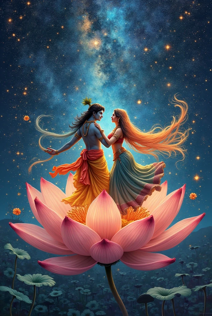 In cinematic 3D cartoon style. Radha and Krishna’s Eternal Love:A spiritual representation of Radha and Krishna, depicted as divine figures surrounded by a radiant aura. They are seen together in a celestial setting, symbolizing their eternal, timeless love, with a background of the cosmos and lotus flowers.