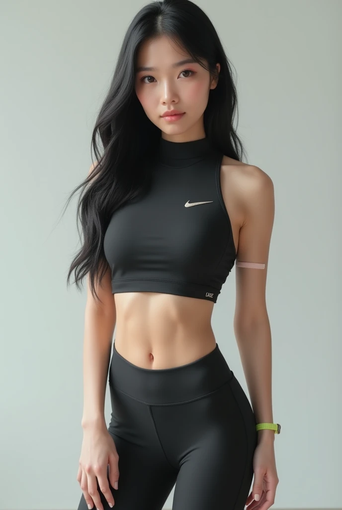 (ultra high definition), (ultra high definition), (full sharpness), (maximum quality), (Cinematic), (8k), ((Filipina woman)), ((extremely beautiful)), (alone), ((full body)), (ultra detailed face), (ultra detailed eyes), (ultra realist eyes), (athletic body), (delicate hands), (very detailed hands), (studio lighting), ((front view)), (confident half-smile), (soft skin), (very small breasts), (round ass), (natural tan skin), (unique), (short raven-black hair), (totally realistic), ((always the same face)), ((repeat always the same face)), ((fierce and determined look)), ((always the same body)), ((always the same proportions)), ((showcases her athletic and agile physique)), ((looking at the camera)), ((wearing crop top and leggings))