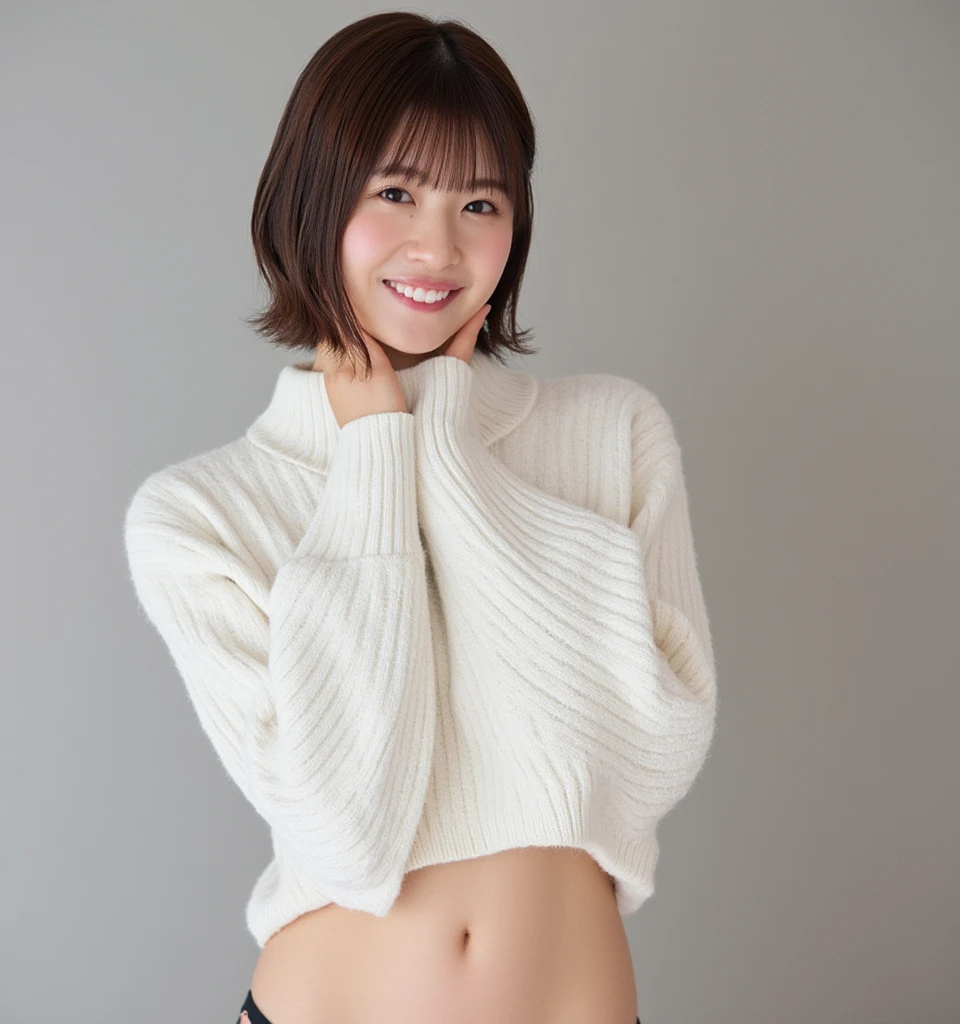Woman posing in Japan city in casual clothes、japanese girls、looking at the viewer、smileでポーズをとる(best quality、masterpiece)))、High resolution、very detailed、masterpiece、movie lighting、(8K、best quality、masterpiece:1.2)、(real、realistic:1.37) high resolution、Super detailed、1 girl 、Asian, cute, cute face, solo, short hair 1.2, rough skin, 美しいsmile, beautiful detailed sky, movie lighting, Depth of the bounds written, lens flare light、(Upper body:0.5)、date、(make your nose red)、(smile:1.15)、(closed your mouth)small breasts、beautiful detailed eyes、(sweater:1.1)、(short hair:1.2)、floating hair nova frog style ,((take off underwear:1.5))、((Hide the crotch with your fingers:1.5))、