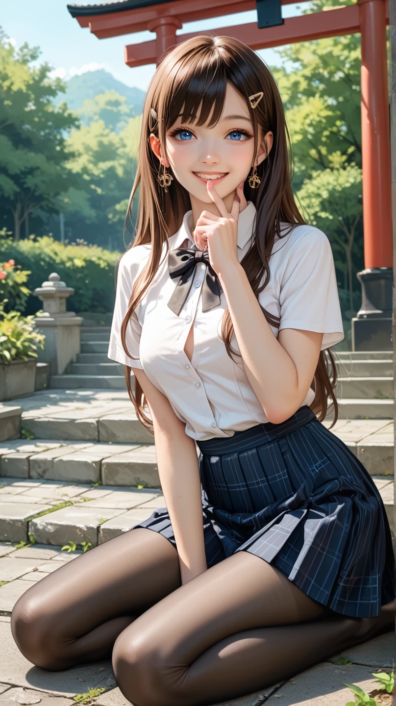 master piece, better quality, finely, 1 girl, expressive eyes, perfect face, enchanting smile, , (mini skirt) (crossed legs), sexy thighs, medium breasts、white panties