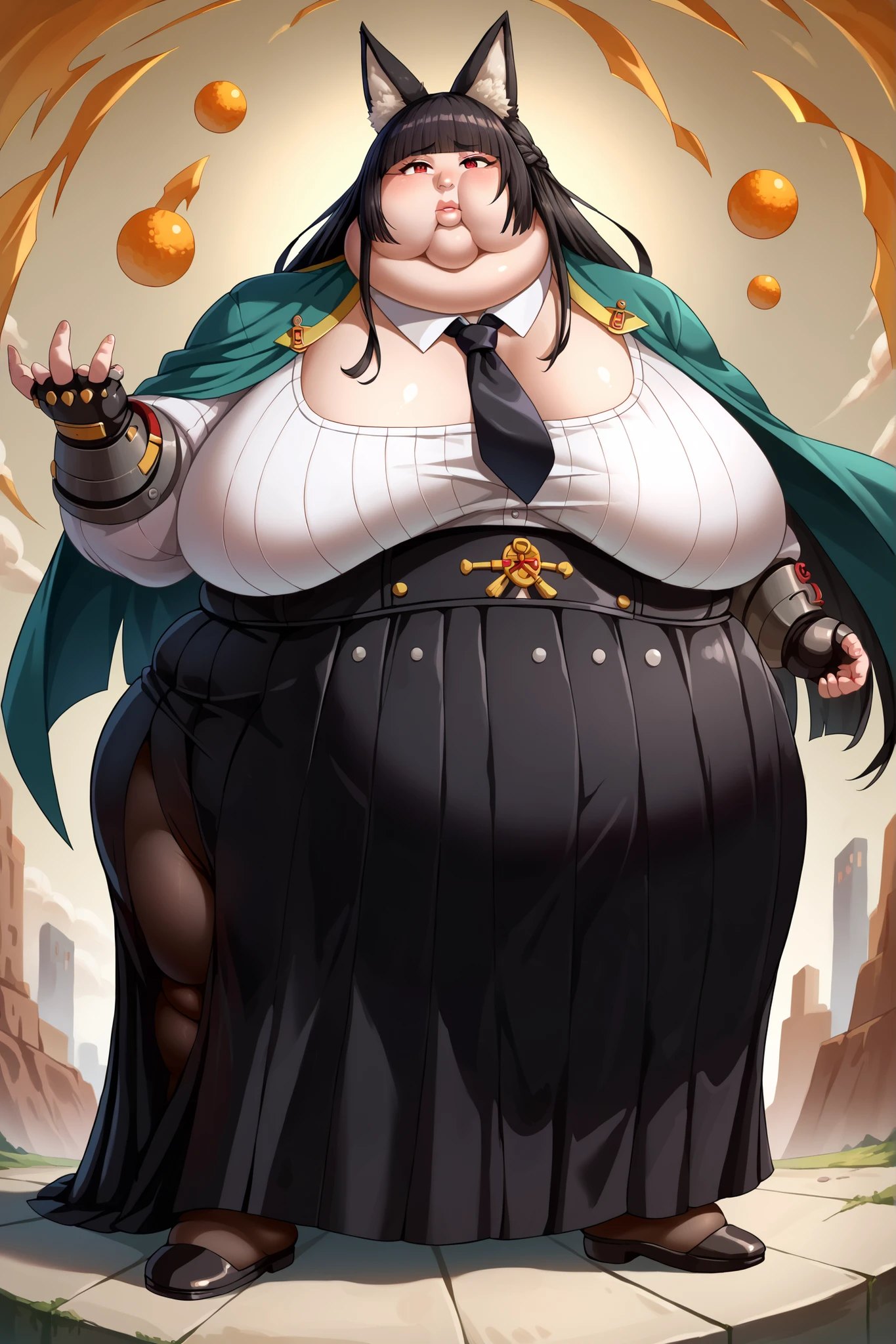 Fat_neck , Fat head , eyes with crushed cheeks , nose with crushed cheeks , mouth with crushed cheeks , chin roll , chubby, obesity, chubby, shortness of breath, Wide angle , Ultra-detailed illustration , masterpiece , top quality, fat, chubby, obese , hoshimi, red eyes, black hair, very long hair, blunt bangs, braid, fox ears
green cape, jacket on shoulders, fingerless gloves, left mechanical arm, gauntlets, white shirt, long sleeves, black necktie, black skirt, high-waist skirt, pantyhose, long skirt, pleated skirt, side slit, giant hands, giant feet, fat, chubby, obese, gigantic arms and legs, gigantic breasts, sagging breasts, full body shot, fat face, chubby face, double chins, big lips,