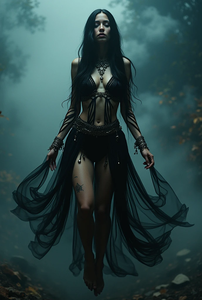 Imagine a powerful scene where a goddess is in the midst of transforming into a witch, blending divine elegance with dark, mystical energy. She stands in a dimly lit forest clearing, her once radiant and ethereal appearance slowly shifting into something darker and more mysterious. Her long, flowing hair, which was once golden and shimmering with celestial light, begins to darken and twist, turning into a deep midnight black with streaks of silver, moving like a living shadow around her.
Her eyes, once bright and filled with divine wisdom, are now changing. One eye glows with a faint, eerie green, while the other turns a deep, mysterious violet, both radiating a sense of arcane knowledge and power. Her expression is fierce and focused, caught between the serenity of her former divine self and the cunning of her emerging witch persona.
Her clothing also transforms in this magical metamorphosis. The flowing white robes she wore as a goddess begin to darken and twist, merging into a black, form-fitting dress adorned with arcane symbols and mystical runes that glow faintly in the shadows. The dress is layered with a long, tattered cloak made of dark, enchanted fabric that seems to shift and move with a life of its own, like smoke or mist. Her fingers, once adorned with delicate gold rings, now bear silver and iron rings with dark, arcane symbols etched into them, and her nails grow longer and sharper, like talons.
Around her, a swirling mist rises from the ground, infused with the colors of dark purples, greens, and blacks, as if the very air is charged with magic. The trees in the clearing seem to bend and twist as if reacting to her transformation, their branches reaching out like skeletal hands. Small, glowing orbs—perhaps spirits or dark energy—float around her, adding to the sense of mysticism and danger.
She holds a staff in her hand, a gnarled piece of wood topped with a glowing crystal that pulses with dark energy. The staff was once a symbol of divine power