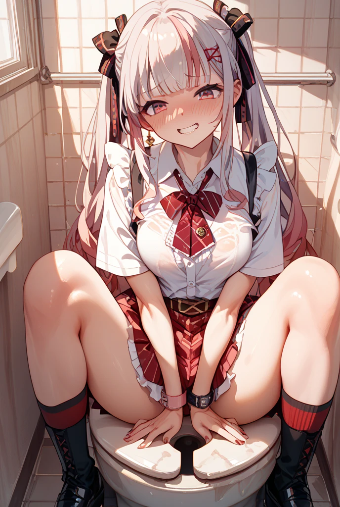 tomori nao, two side up, school uniform, skirt, blush, Shy, seductive pose wet with sweat, Sit with legs spread apart, seductive face, Nipple, Pussy, Pussy juice, Bare Breasts, low angle view, sweat, nude
