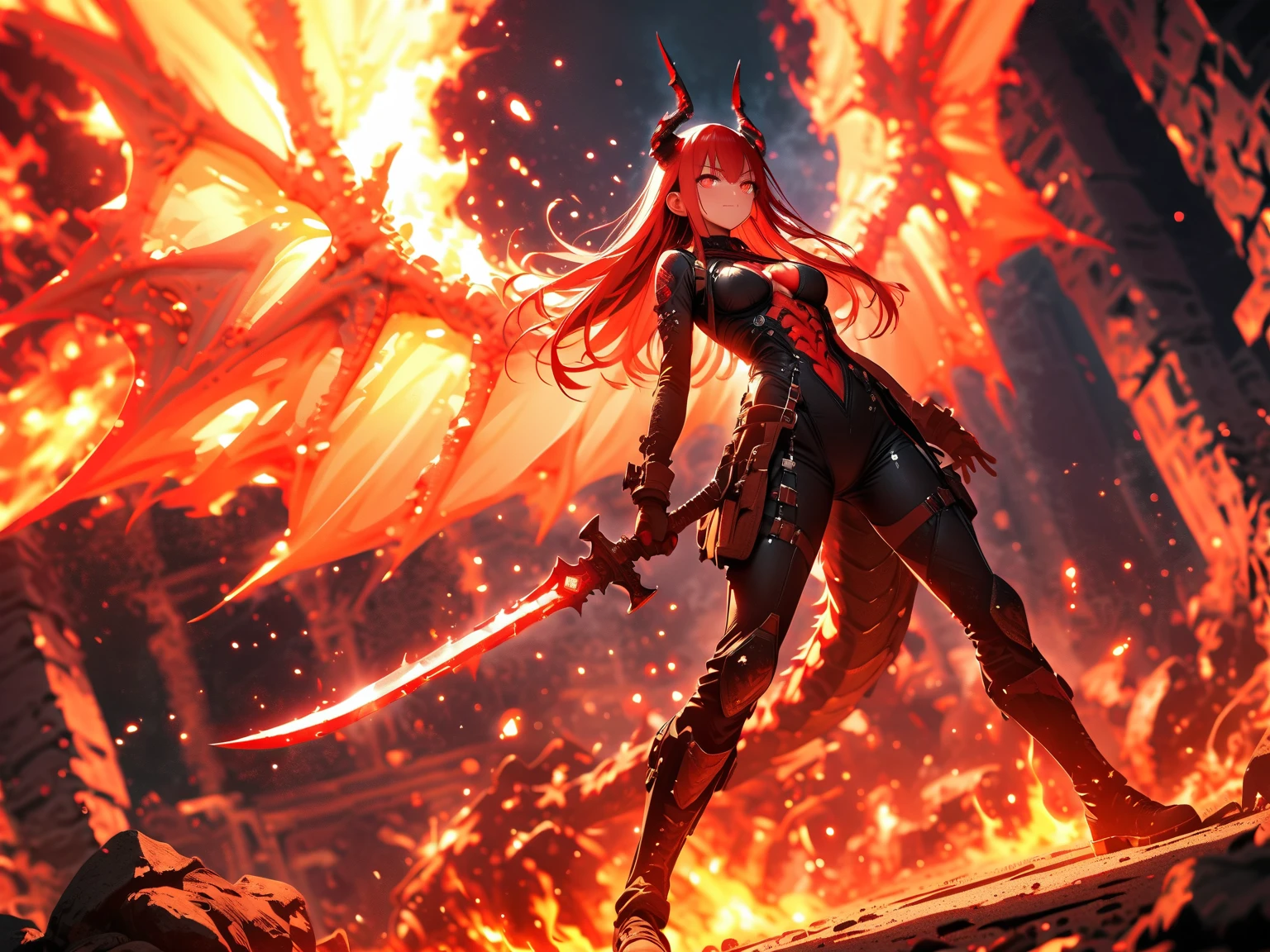 red evil fallen angel demon, with beautiful and huge wings, in apocaliptic city in flames