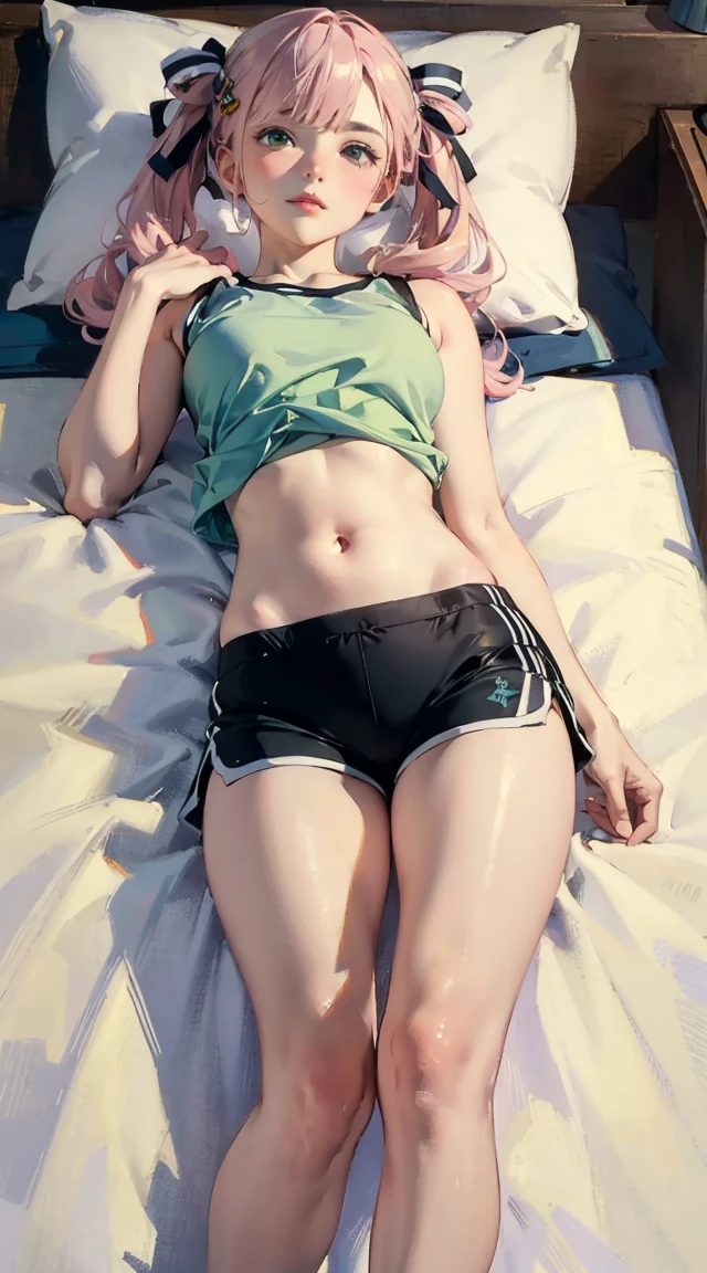 	• Perspective and composition: From a top-down perspective、A composition of a person lying on his back on a bed。The focus is on the stomach and legs.。
	•clothing: Wearing relaxed shorts with green polka dots。The T-shirt features simple illustrations of animals and fish.、The shirt is lifted up a little, exposing the abdomen.。
	• Background and Environment: Relaxing atmosphere on a simple bed。Bed sheets and some furniture can be seen in the background。
