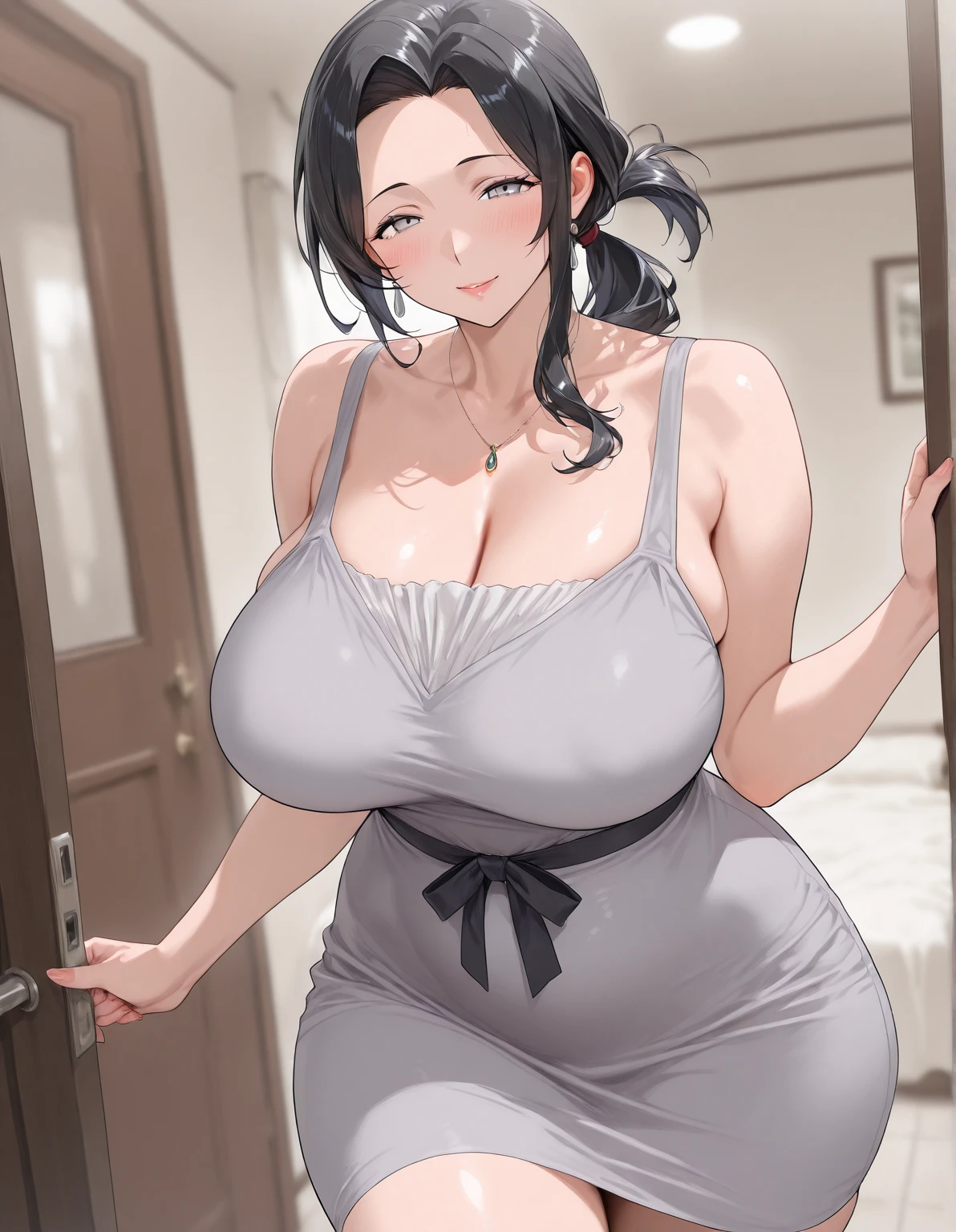 Best Quality, masterpiece, ultra detailed, high quality, High resolution, view from behind, from the side, from above, 1 girl, mature woman, Brown hair, by the wide, low ponytail, beautiful, beautiful and perfect face, detailed eyes, smile, open mouth, looking at the viewer, (black t-shirt, Cowboys), see through, big breasts, neckline, big ass, Curvy body, Whole body, standing, In the home, open the door, to throw, shooting they seek, ass grabbed with hand