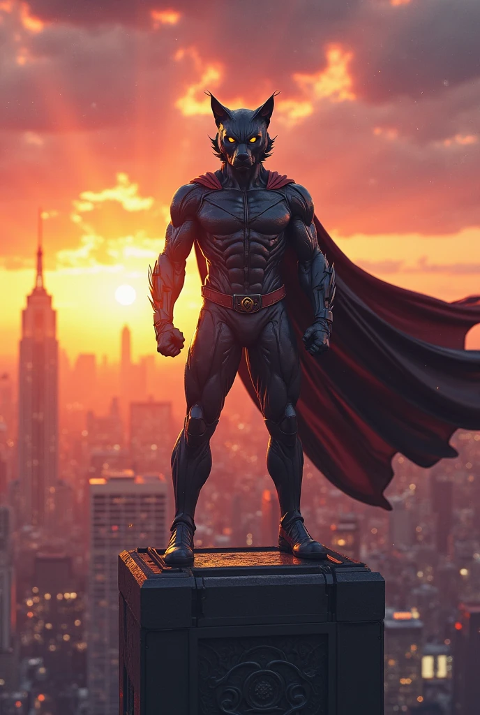 the gargoyle brooklyn standing on a rooftop with the moon rising behind him, masterpiece, best, photo realistic