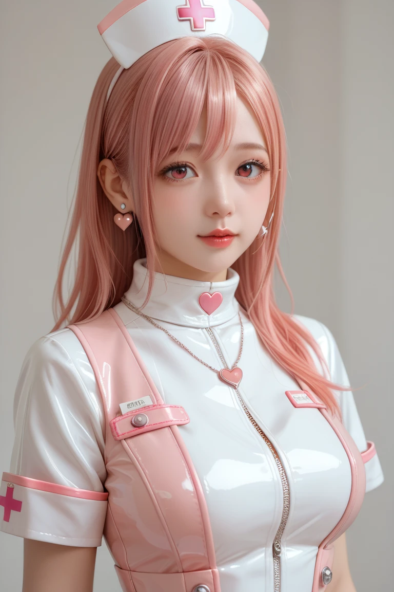 A Hot Sexy pink long Twin Tails heart hairpin girl wearing a short nurse skirt costume with necktie, ((Under the skirt you can see the Gold Underwear)) , full body