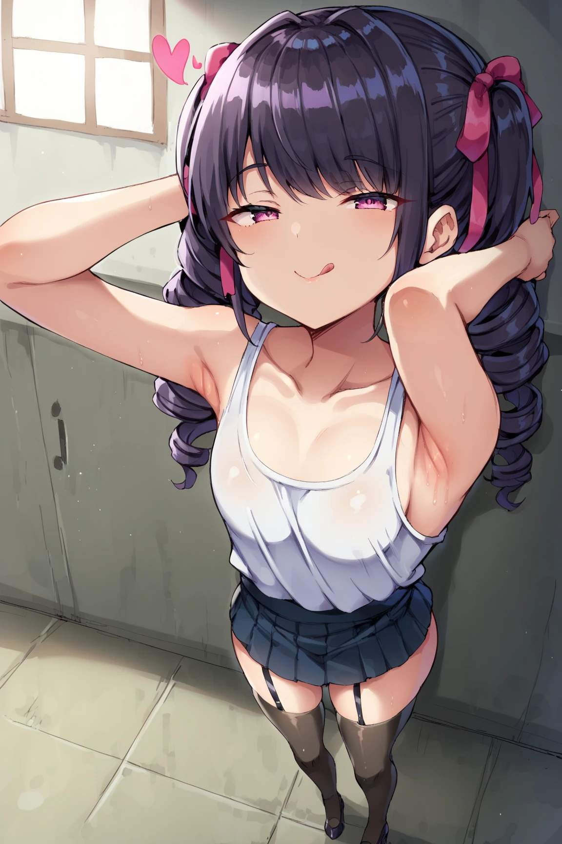 1girl, Senju Muramasa, eromanga sensei, Highest quality, Super detailed, masterpiece, Ultra-high resolution, 8K, Embarrassing, blush, Lovely, Close one eye, With tears in her eyes and her mouth open, drooling, (arms behind head), wariza, (off-shoulder sailor uniform, micro mini skirt), cleavage out, crop top navel, medium breasts, Absolute area, Waistline, (Shower room, I take a shower)