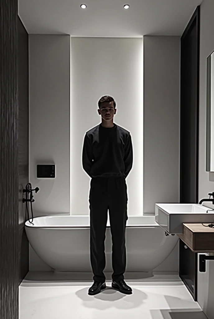 Chinese man in bathroom, medium shot portrait,