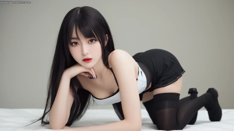 Tights are excellent for the body,Stunning frontal beauty,high-heels,long-legged miniskirt,Spread your legs on the front, and clothing is located in the center of the legs,The face is delicately depicted,Exquisite makeup,The action is sexy