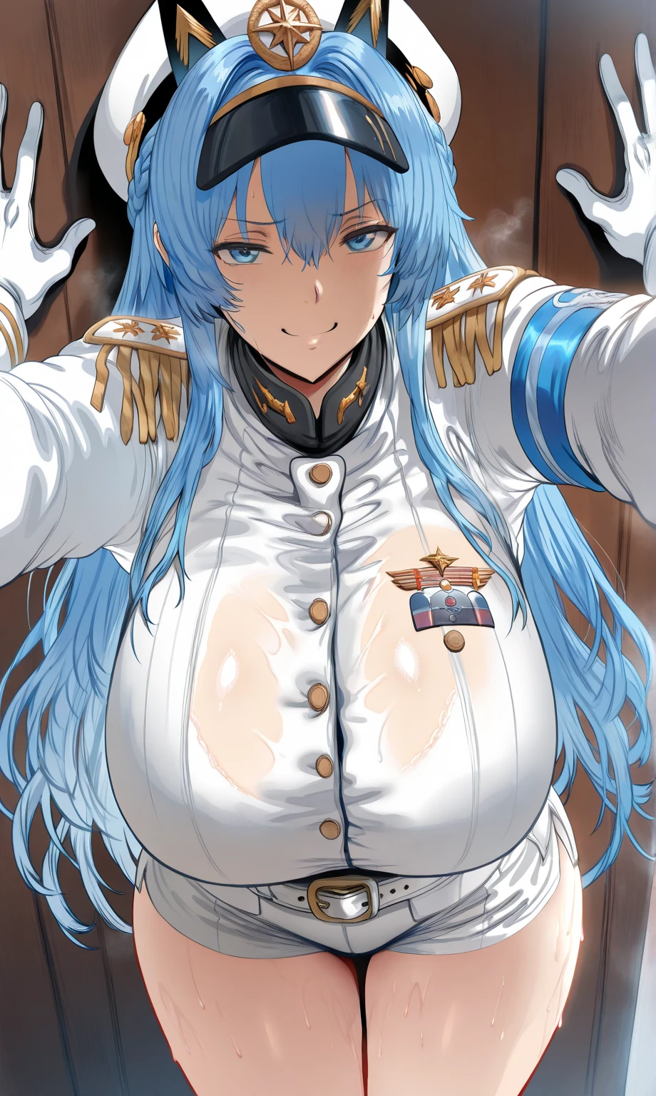 high detail, High Quality,4k , 8k ,masterpiece,no text,Quality Highlights ,(masterpiece, Best Quality ,very pretty ), hews,
hlmdf, blue eyes, blue hair, very long hair, hair between eyes, braid, hair intakes, large breasts, white headwear, peaked cap, blue armband, white jacket, epaulettes, naval uniform, white gloves, white belt, white shorts, short shorts, thighs, gigantic breast ,seductive body, random sexy pose , looking at viewer , wet , sweat, steam ,smug , kabedon pov