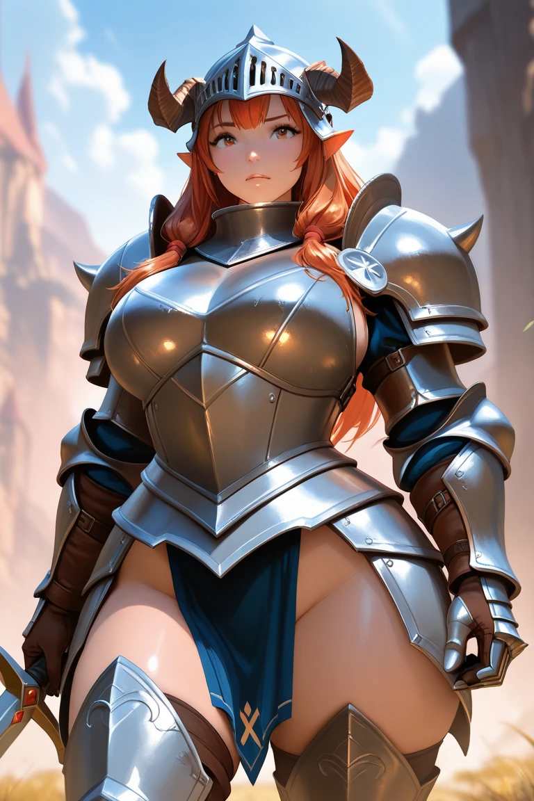 masterpiece, best quality, mature woman, strong, long red hair, light eyes, smile showing teeth, berserker, light leather armor, beautiful breasts, exposed thighs, exposed navel, boots, fantasy, medieval, outdoor, dungeon background, dynamic pose, beautiful detailed glow.
