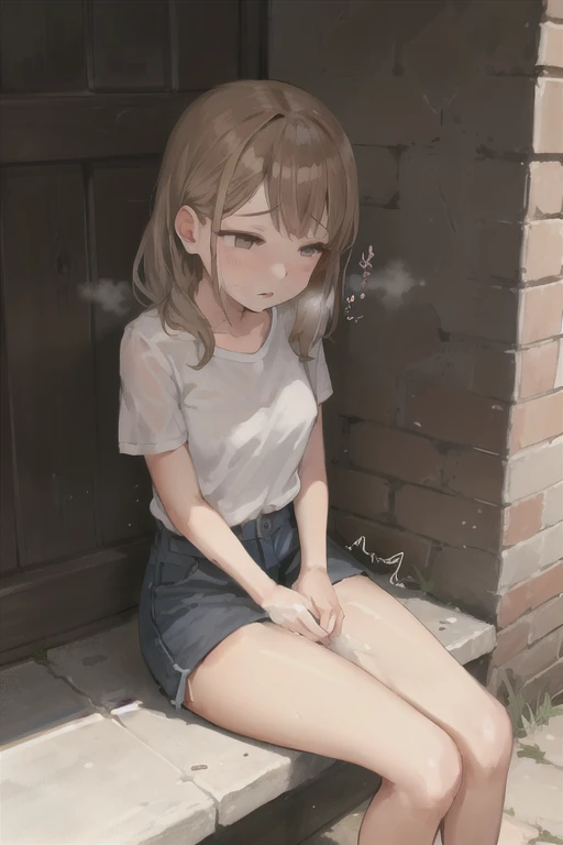 (depicting a single moment from a manga for adults), (hand-drawn), (simple line art), ((manga-style line art background)), ((minimal detail in clothing)), (only 5 colors used), (a housewife, slim figure, round face, eyes with realistic sizing, drooping eyes, blush, sweat), spread her legs, raise leg, ((straddling to hit her crotch onto the pipe-bollard for masturbation)), enjoying ecstasy, on the street, casual dress, apron, a ((plastic bag with groceries)), hair up,