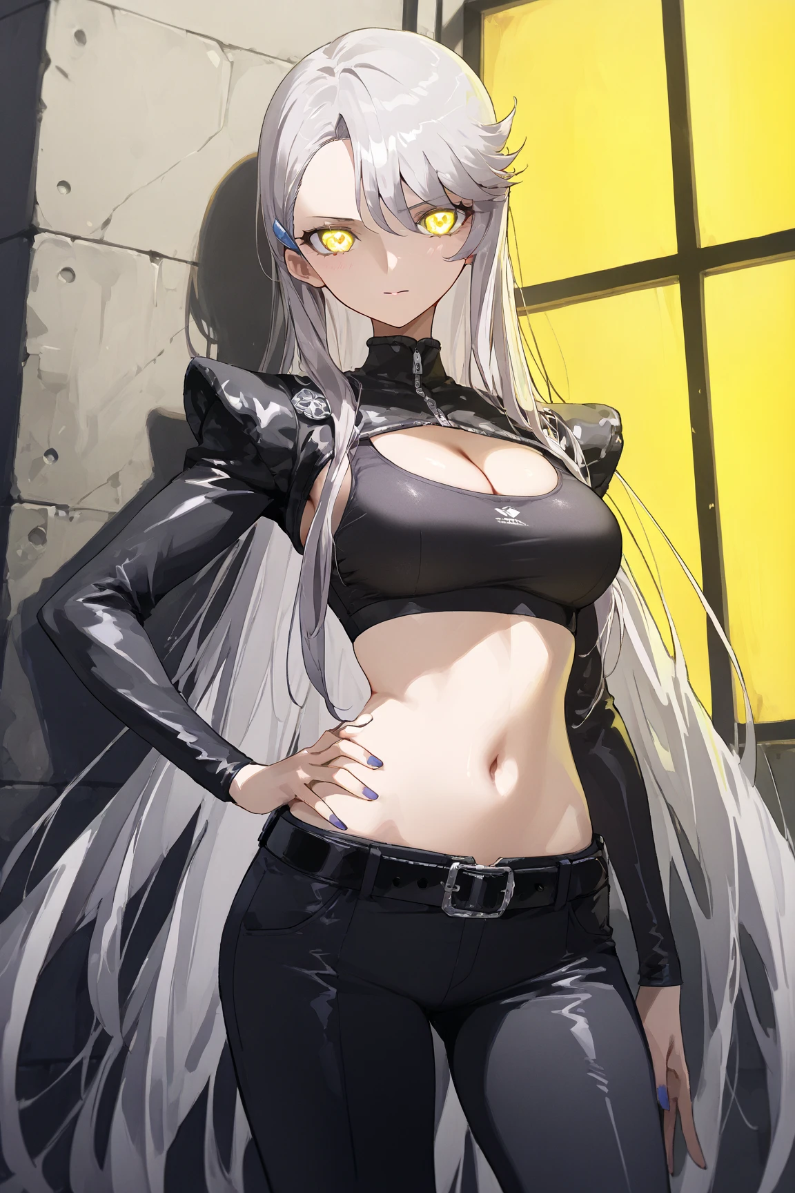 (absurdres, 8k, 4k, masterpiece, hyper extreme detailed:1.2), solo, 1girl, front view portrait, best quality, expressive eyes, perfect face, 1girl, portrait, solo, Female, mature female, adult, pale skin, black nails, white skin, black ribbon, red eyes, black eyepatch, annoyed, tattered clothing, armor, ripped clothes, oversized shirt, , swept bangs, side bangs, messy hair, long hair, hair covering forehead, perfect anatomy, anatomically correct, looking forward, forward view, expressive eyes, perfect eyes, quanxi, ponytail, eyepatch, Zero, full body, hand on hip, covered breasts, right hand on head, left hand on hip, solo, leaning back, window background, BlackOutfit,