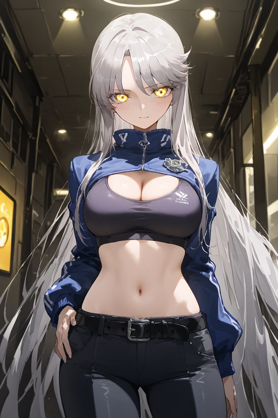 masterpiece, highest quality, 1 person,( Large Breasts,Blue hoodie, Are standing, View Audience,Dolphin Shorts,),Detailed Background、A person who writes in detail、Accurate human body、Knowledgeable person、Five correct answers、Mature Woman,Thighsが太い,cruvy body,Melusine, (Brown eyes:1.5), Long Hair, ((Gray Hair)), Side Lock,Long sleeve、Knee socks、Thighs、白いKnee socks、solo,pussy juice stain