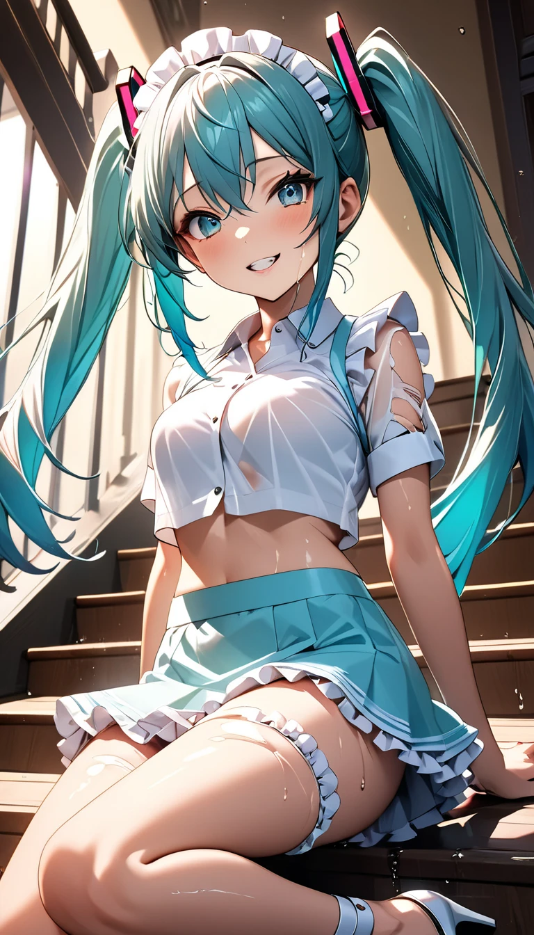Hatsune Miku, buff, looking a viewer, toned , workout, Thigh muscles, muscle arm, Abs，(thin female, toned legs) Top quality, Masterpiece, High definition, Very detailed, 8K, One girl, Cute, anime perky breast, Crystal clear white skin, , Sensual, full body lesbian, Young, junior high school, 13 years old, child, (The hair color is light pink), school hallway, Cute summer uniform, Hair lifted and fluffy, Miniskirt, Lift up the skirt, Crying loudly, Close both eyes, Scream, Awesome rage, high-angle, Crying, Looking up, Hands that kneel on the ground and cry, Front camera 8K, RAW photo, Best quality, masterpiece:1.2), high-definition RAW color photography, professional photoshooting, cow boy shot, (Realistic, photographrealistic:1.37), ((Best quality)), , Cinematic light, (finerly detailed face:1.2), (masterpiece:1.5), (Best quality:1.2), (dark mole:0.8), (Smiling:0.9), (view the viewer:1.2), breasts coming out of bra, Lace lingerie small breasts，No clothing, small breasts exposed cleavage，Get wet all over your body, breasts, neck bowtie, (Meticulous maid:1.2) is working，Sit or squat or lie down or lie on your side，long legs，Superbly detailed eyes，Delicate face，Long-haired thin women，Spread your legs apart，Negative nucleus，Thighs open，see-through transparent clothes，Lingerie transparent，Plenty of milky liquid，