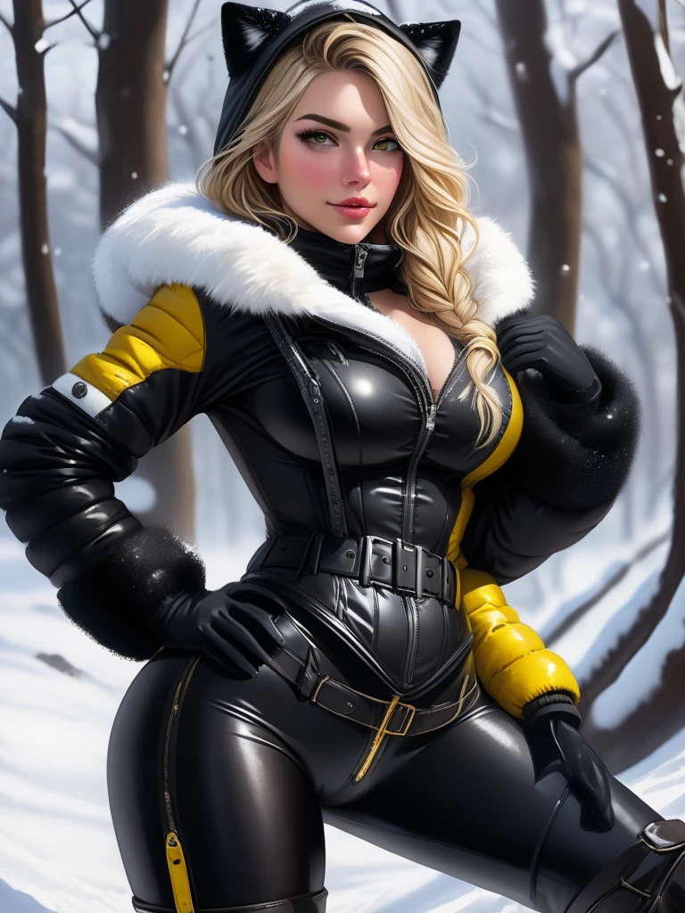 Black leather pants, white lace bra, big bust American blonde woman with abs, tearful eyes, standing on a snowy mountain, eagle flying in the air, sunny day