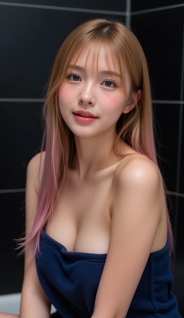 Upper body naked、Naked in full view、Exposing pink nipples、Bare Chest、No bra、Naked areola in full view、Highest quality, masterpiece, Ultra-high resolution, (Realistic:1.4), whole body、Completely naked、Bare Chestを露出した美女、RAW Photos, 1 girl,20-year-old,((Smiling with teeth showing)),((Big smile))((Neon city at night)),((Wireless Earphones)),((Nose Piercing)),,((Passionate pink haired girl'Compensate)),((High Fashion)),Messy Hair,((Cap Chestnut)),((Short bangs)),Realistic,Image Media Chest)),裸のwhole body、セクシーポーズのwhole body