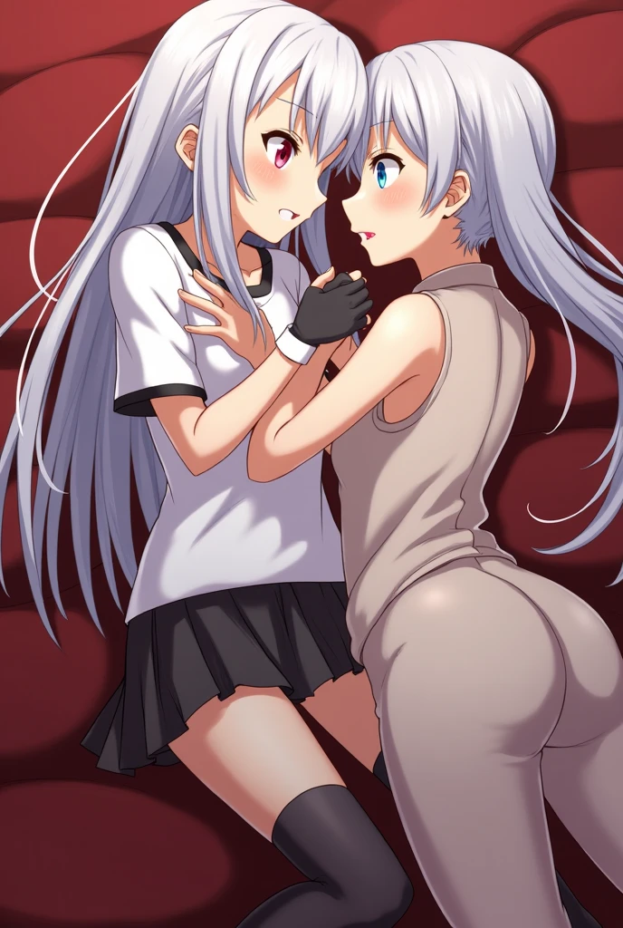 NSFW,masterpiece,Highest quality,High resolution,Very detailed,Joan of Arc Horta Santa Lily\(Fate/grandorder\),Gray Hair,Headpiece,Golden Eyes,Small breasts,school uniform,Dress shirt,ribbon,Checked mini skirt,Knee socks,Nightlife,Love Hotel,Sugar Daddy,Slut,transformation,(Middle-aged men),Hug a man