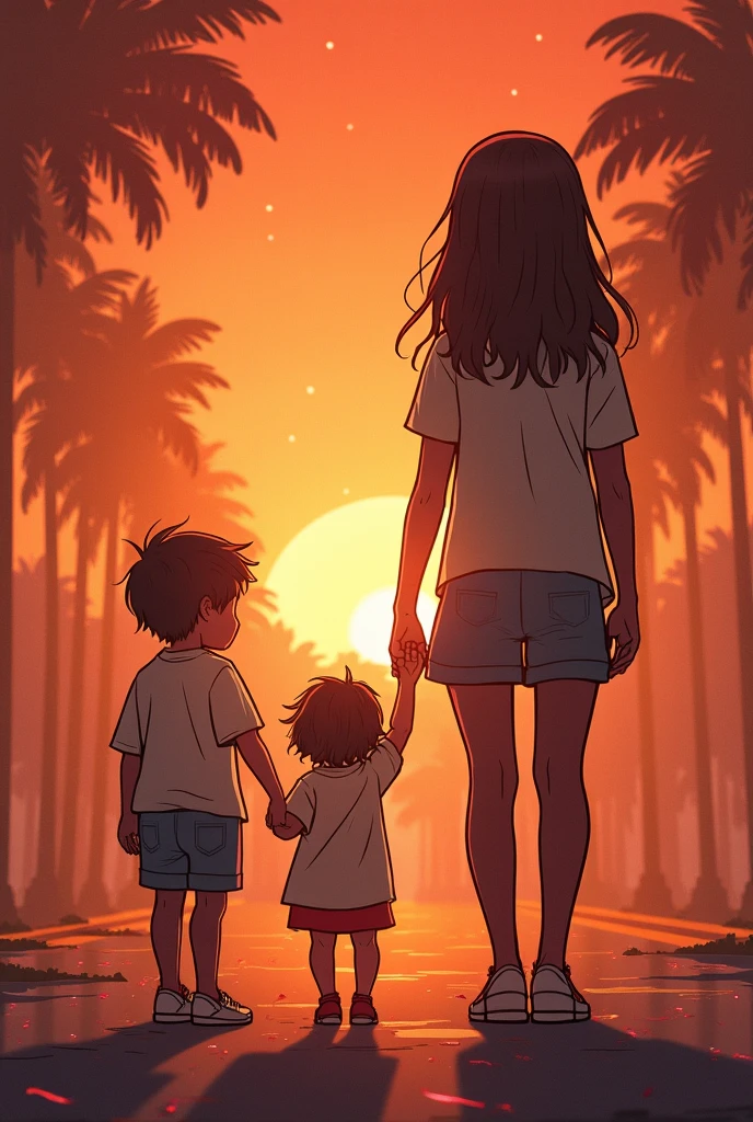 Black haired man, a little chubby, shorts, flip-flops and a black long-sleeved shirt holding hands with a child with black curly hair, pink dress holding hands with a woman with short curly dark red hair all from behind