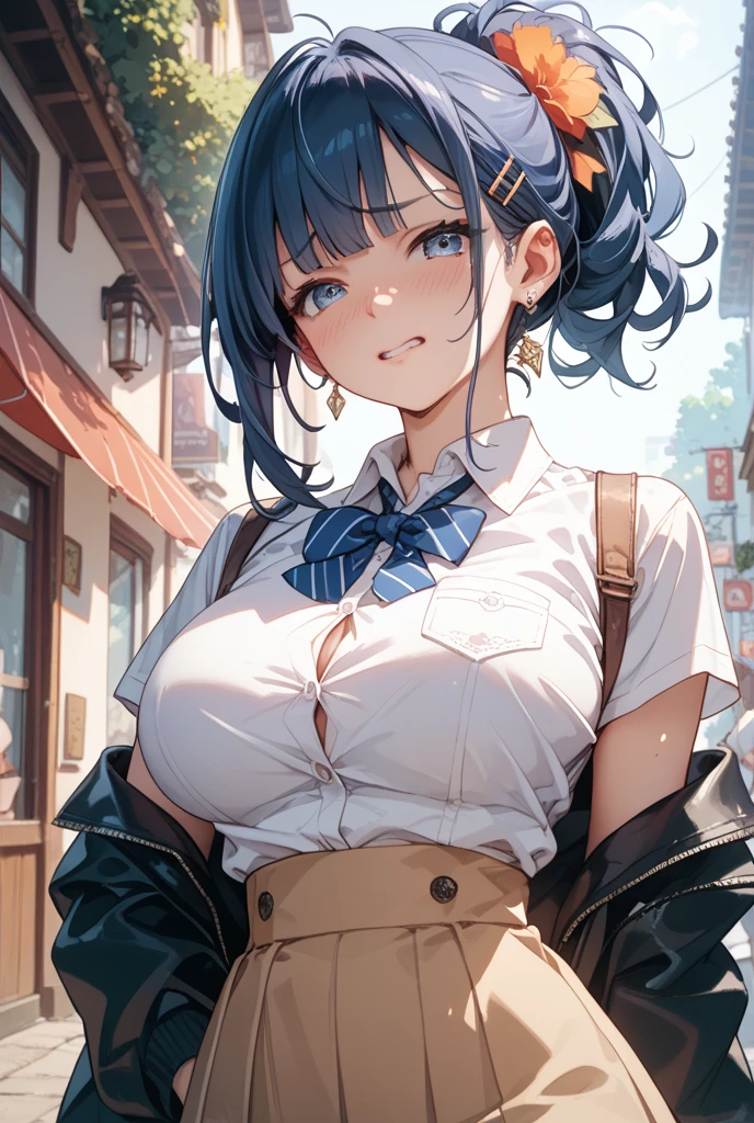 16k, highres, masterpiece, best quality,
cinematic film still,
pinup of 1girl, kamishiki, walking on street, in shinjuku \(tokyo\), talking with lover, grin, :D, nose blush, daytime, (from above:1.2), looking at viewer, fisheye,
school uniform, blazer, brown jacket, open jacket, pleated microskirt, red skirt, open collar, cleavage, collarbone, leather collar, jewelry,
large breasts, short hair, blue hair, blue eyes, bangs, eyeliner, eyeshadow, lipstick,
<lora:kamishiki-v1:0.8><lora:unhorny_v01:-0.8> ,
shallow depth of field, vignette, highly detailed, high budget, bokeh, cinemascope, moody, epic, gorgeous,
film grain, grainy,