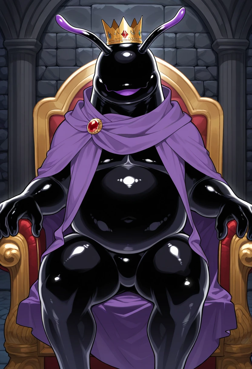 a thicc curvy shadow wizard wearing a purple robe and has nice thick thighs, female, sexy, fit, skinny, sitting on a throne