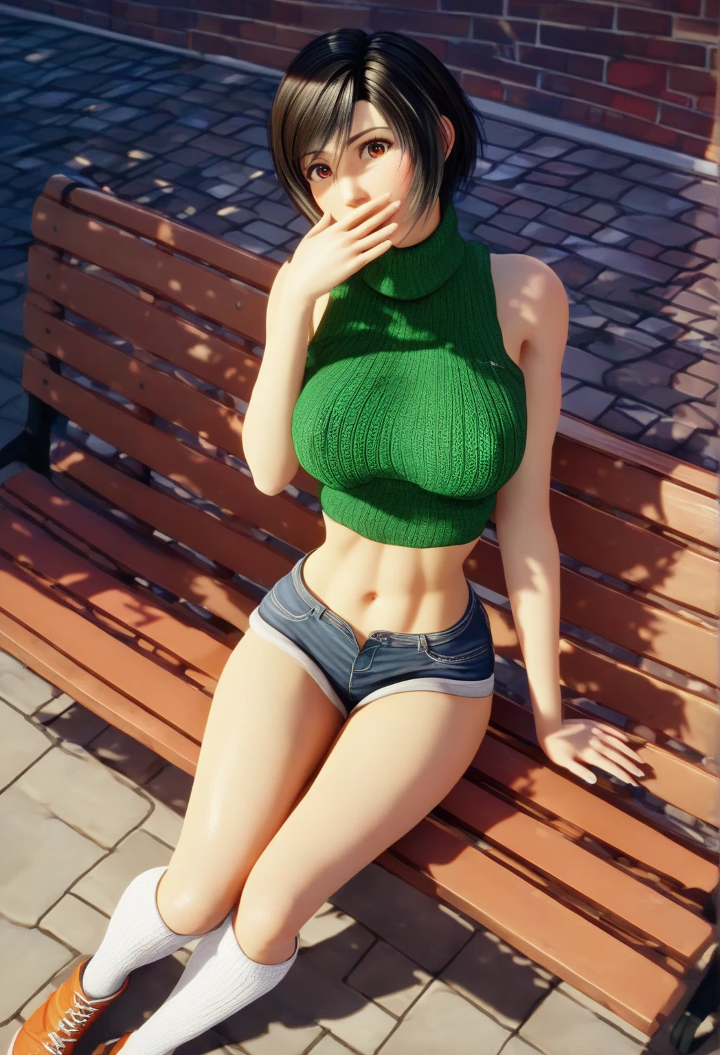 Swimming on the grass with a black-haired man, red hair, short but very lush hair, naked, active, standing on the street near a classic country house, very short trousers, shorts like panties, slender, very thin waist, curvy ass, curvy breasts, white skin, tall, slender, athletic, detailed face, smiling, lying straight in full height, body turned towards the viewer, alone, face, warm tones
