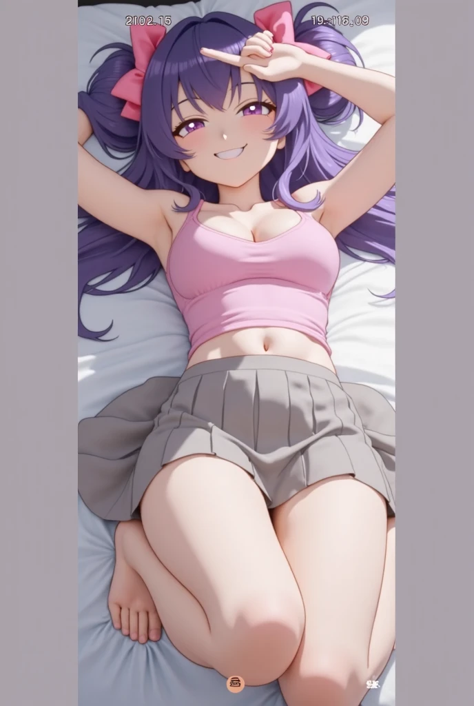 {{{NSFW}}},(masterpiece:1.2),(ultra quality:1.2),(ultra detailed:1.2),(ultra-high resolution:1.2),(very fine 8K CG wallpaper:1.2),Mejiro McQueen \(umamusume\),{1 girl,beautiful girl,cute,smile,kawaii, lovely,blushing,playful expression},sharp focus,oily skin,beautiful detailed hair,glossy hair,(wear school uniform:1.5),(lying on the bed:1.2),wear long school skirt,perfect two legs,(spread two legs:1.2),(show-off-white-panties:1.3),five fingers,big breaths,wear black pantyhose,beautiful detailed eyes,jewel like eyes,violet eyes, (two hands behind head:1.1),open mouth,armpits, solo,beautiful navel, looking at viewer,collarbone,earring