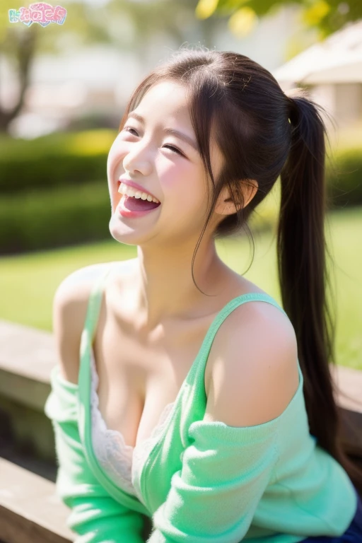 An innocently enjoying face。Laugh with your mouth wide open。Close your eyes completely。Droopy eyes。Deep pink blush。She has shoulder-length, wavy brown hair pulled back in a loose ponytail.