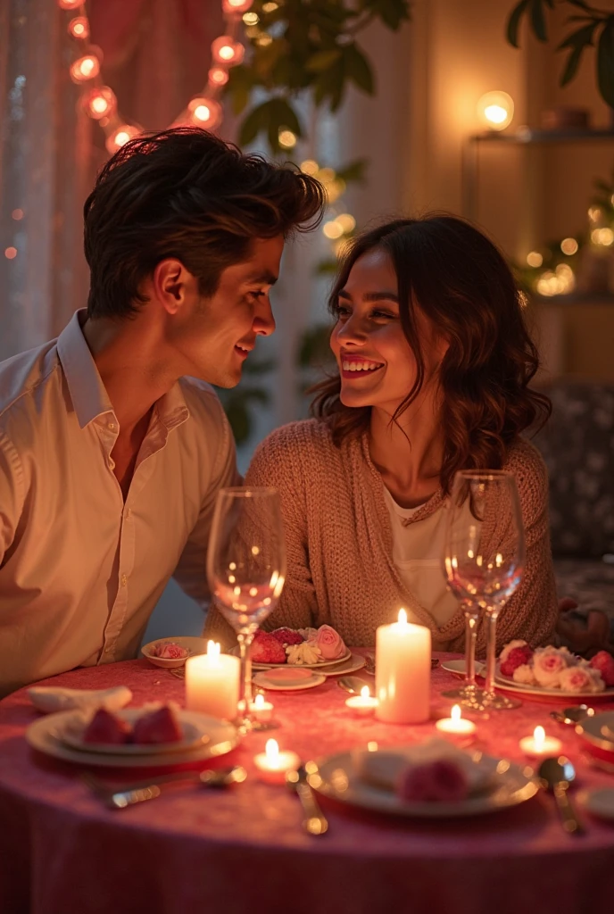 Portrait of a beautiful couple having a romantic dinner, romantic, seductive, cozy, 8k uhd, octane rendering, 4k, HDR, dynamic lighting, valentine&#39;s day night soft lighting romantic restaurant red rose candle young couple Happiness and love. Male couple. Female partner. Smiling eyes, holding hands, gentle gaze, happy smile, love and gratitude, exchanging gentle words, laughter, eye contact, tacit understanding and deep emotion, intimacy and warmth, loving atmosphere, expression: sweetness, affection, joy, special moment, love deep love