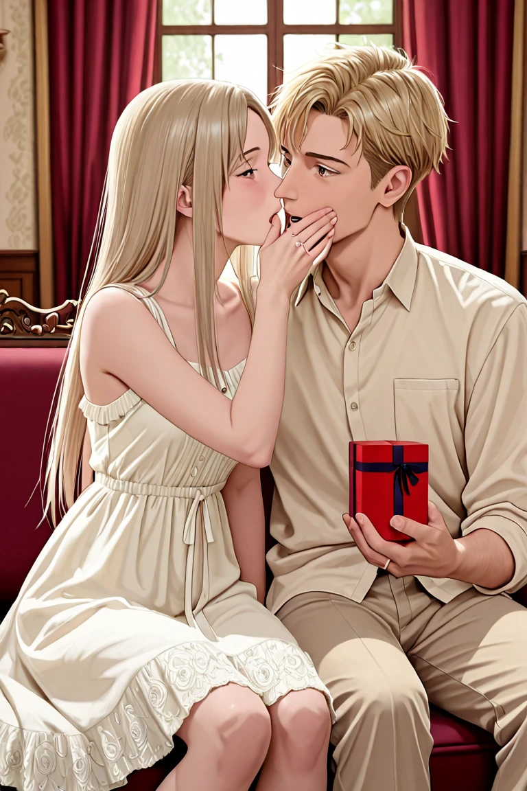 Couple,boy and girl,kissing,face to face,Kiss on the lips,In the living room, (girl with long blonde hair,Dusty pink dress, short dress, long sleeve dress, knitted dress, eyes closed)(boy with short blonde hair,Green shirt, white trousers, eyes closed, messy hair)