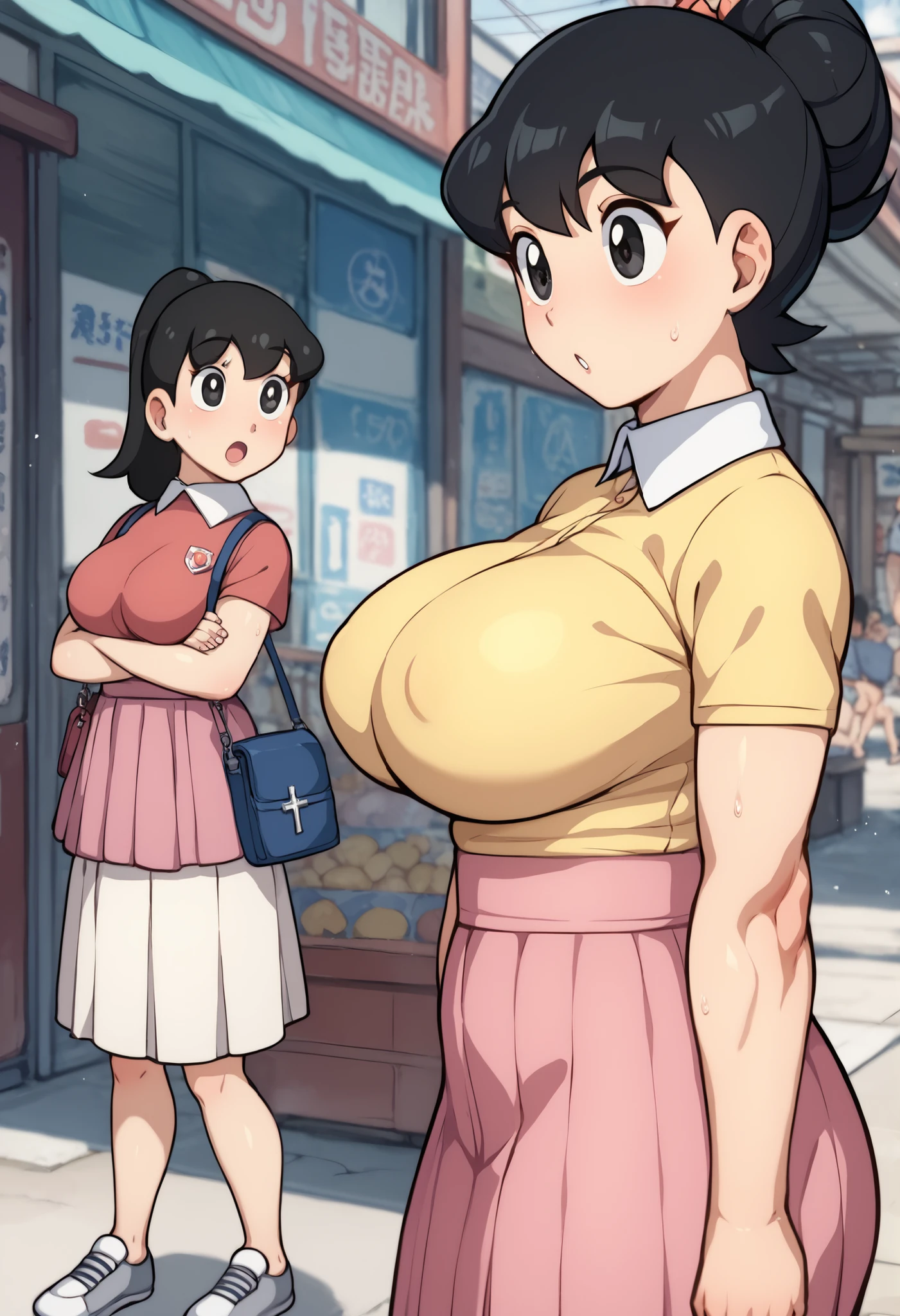 Large Breasts、Beautiful Skin、Moderate muscle、Best Quality、 High Resolution 、 anatomically correct、 textured skin、Ultra-delicate、sweat、Thighs、Black Hair、 ponytail、Yellow clothes、 pink skirt、(Large Breasts)、(Big eyes)、(Long eyelashes)、(Stare)、Accentuate your breasts、Cross your arms