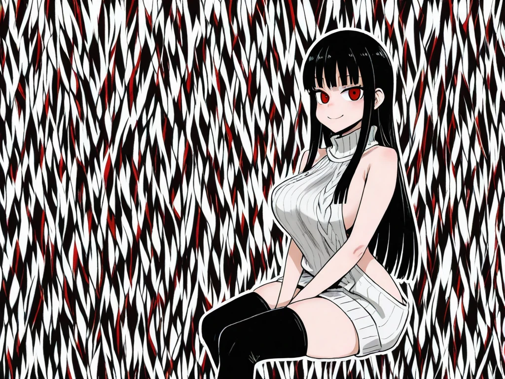 Black and white stick figure 1 girl with flowers, lots of flowers in background, in dress with flowers, its fine ink line art, comic style, portrait of Nezuko Komado, black hair, pink eyes, Hollywood glam, beautiful line art, black and white comic style, manga style, manga art style, standing, contrapposto, thigh highs, illustrative drawing, black and white coloring, ornate border, cleavage, arms behind back,