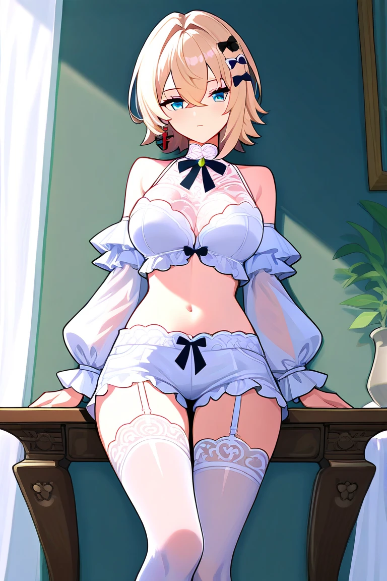 (masterpiece, best quality, very aesthetic, absurdres, :1.2), (1girl, blonde hair, sobbing:1.3), She wears an open nightgown with white lace garter belt. The nightgown has a bold cutout design at the bust, revealing her large bust. The lace at the chest elegantly frames the bottom and sides of the bust, leaving the top and center of the bust completely exposed. The lace frame accentuates the bust, highlighting the size and shape of her bust. The A-line silhouette gracefully shows off the waistline, and the soft lace feels comfortable against her white skin. The garter belt fits snugly around her thighs, and the garter stockings make her legs look even more beautiful. The garter straps draw the eye down to her legs, bringing out the charm of her thighs to the fullest. Her thighs, peeking out from the short length of the nightgown, give off a sensual charm that will steal the viewer's heart. The back style is tied with a ribbon, which sways lightly as she moves. The knot of the ribbon decorates her back, highlighting her beautiful white skin, blonde hair, and blue eyes. Although the overall look is neat and tidy, the bold design is sure to catch your eye., masterpiece, best quality, official art, extremely detailed CG unity 8k wallpaper, highly detailed, illustration,white hair, sex appeal, bed invitation, puffy nipples by see-through, seductive smile,