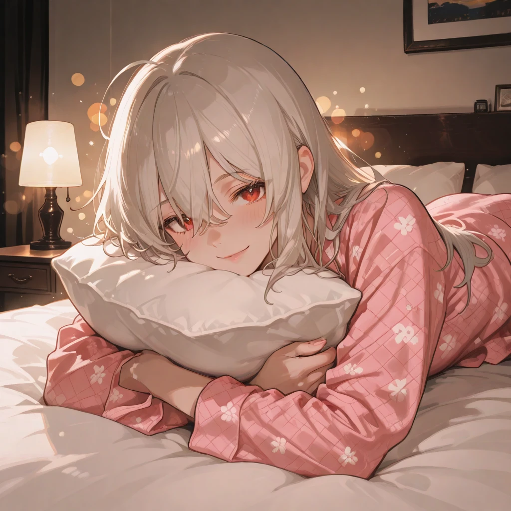 (masterpiece, best quality:1.5), (ultra detailed, high resolution, 8k, beautiful detailed, UHD, best anatomy), white hair, flat breasts, 1 beast ears, barefoot, bedroom, night, Lying on the bed, asleep, Both eyes closed, Pajamas with short sleeves and short pants, Cat girl, head on pillow, sleeping sideways, blanket, side angle, (Ears are covered by hair and not visible:1.5)