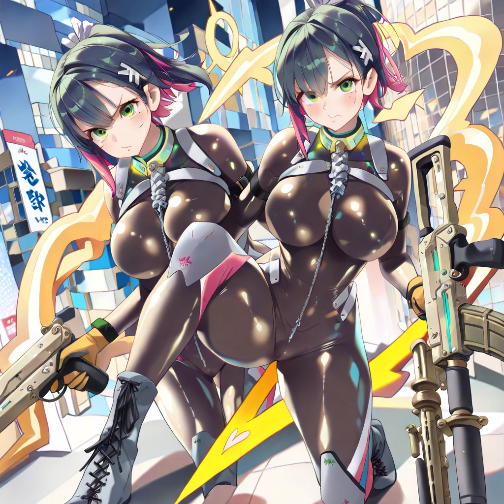 ultra-detailed, ????????, Beautiful body, Beautiful Nose, Beautiful character design, perfect eyes, perfect face, ultra highres, 4K, beautiful legs, perfect legs, Nice hands, Perfect hand, Masterpiece, Best Quality, Highly detailed, illustration, absurdres, street fighter, doll suit, shadaloo doll, dollsuit, girls, multiple girls, expressionless, blank eyes, looking at viewer, red gloves, emotionless, black latex, corrution, mind control, female combatant, full body, hypnotized, unhappy trance, full body suit, ribbed bodysuit, both arms at side, obey, perfect female body, extremely glossy latex, hypnosis, hypnoLora, empty eyes, Mind control device, poses, submissive_pose, Slave, hat, necktie, stand up straight, standing, standing at attention, hat, necktie, belt, latex, ribbed bodysuit, brown hair, thighhighs, garter belt, Fighting Stance, extending the right arm from the shoulder into the air with a straightened hand, ???? saluting, military, military saluting, salute, thigh boots,ames, blue eyes, halo, multicolored hair, green hair, pointy ears, elbow gloves, blunt bangs, Princess Connect! Re:Dive