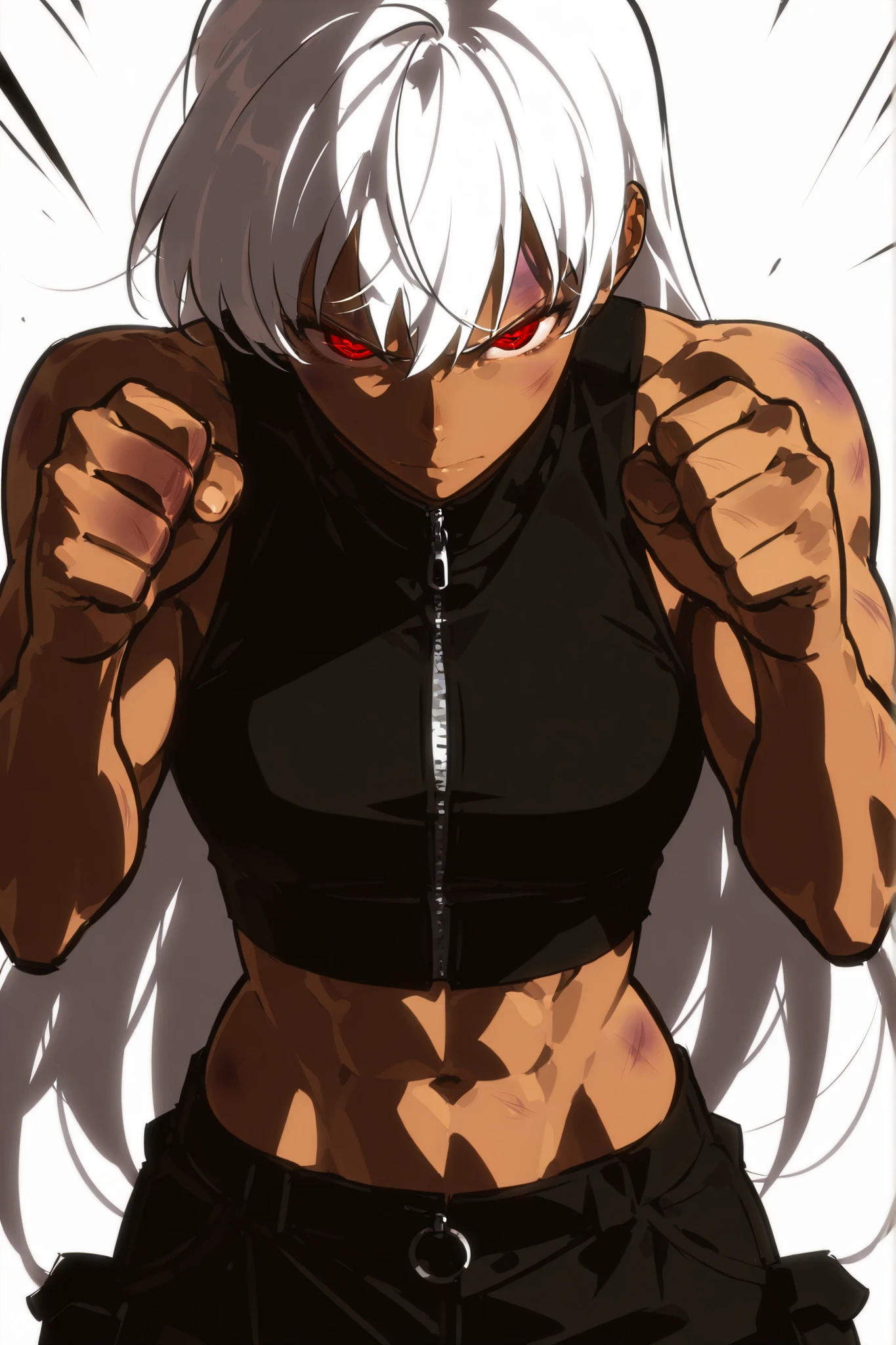 Beautiful, athletic body, toned body, alone, female, very long white hair, red black eye, tanned, black sleeveless turtleneck tactical shirt with a zipper, black cargo pants , intricate sketch, expressive eyes, nose and mouth, abs, punching pose, bruised fists, 2d, solo leveling art style, upperbody, perspective