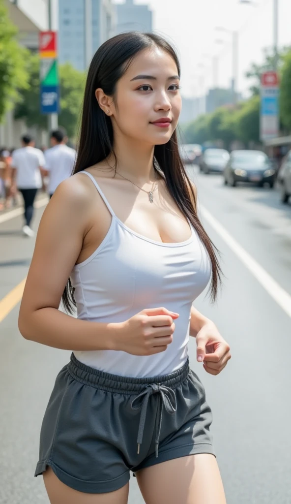 tmasterpiece,Best quality at best,,Realisticstyle,A girl who runs,Colossal tits:1.3,Have on the street