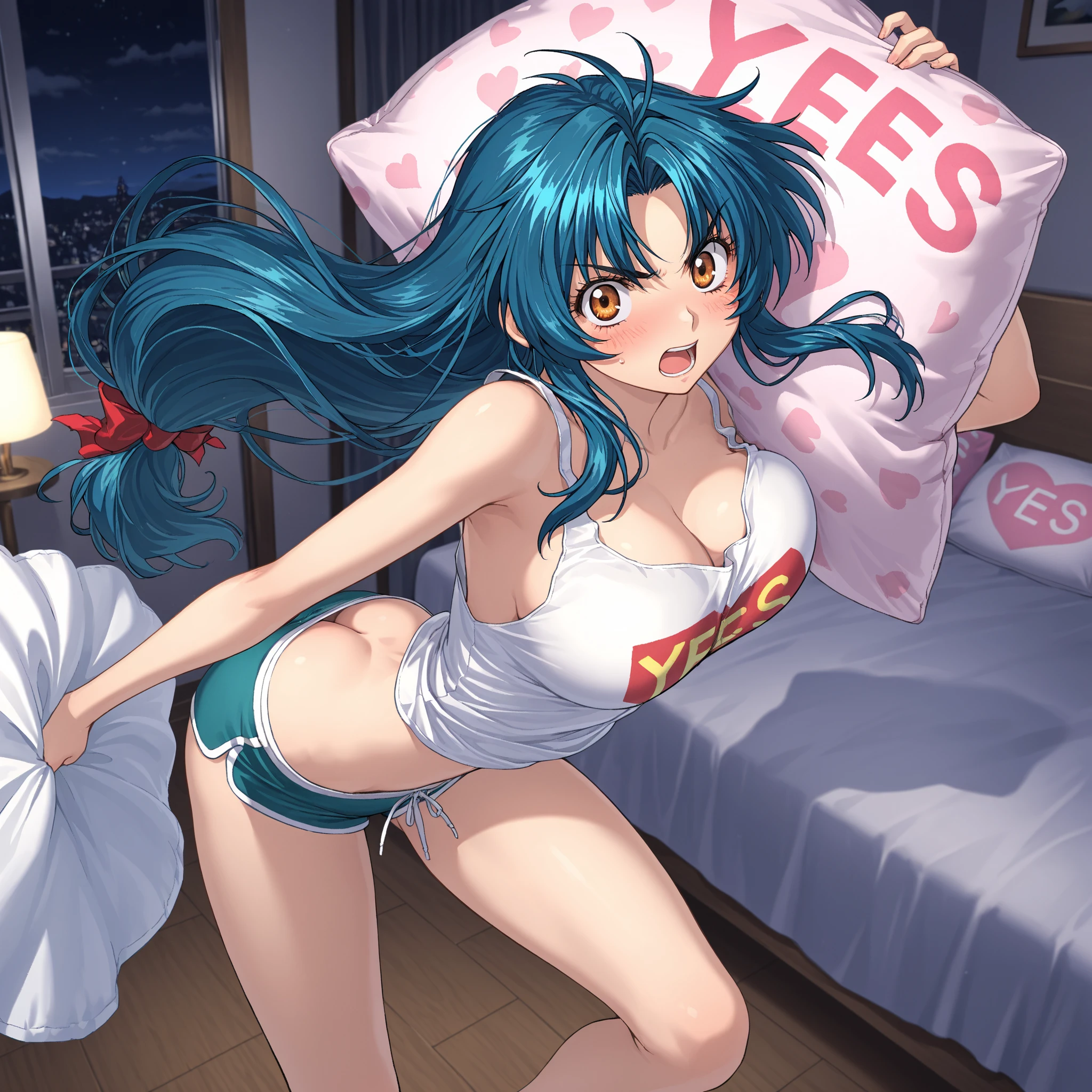 (antecedentes extremamente detalhados) (melhor qualidade), (mais alta qualidade), (obra-prima) , (ultra-detalhado) , Eula Lawrence, peitos enormes, bundas grandes, coxas grandes, Your MILF skin is oily, olhar sedutor, sorriso sedutor, blush, deitada numa cama , uma cama, blue skies, cabelo curto, olhando para o espectador,4k , 8k ,