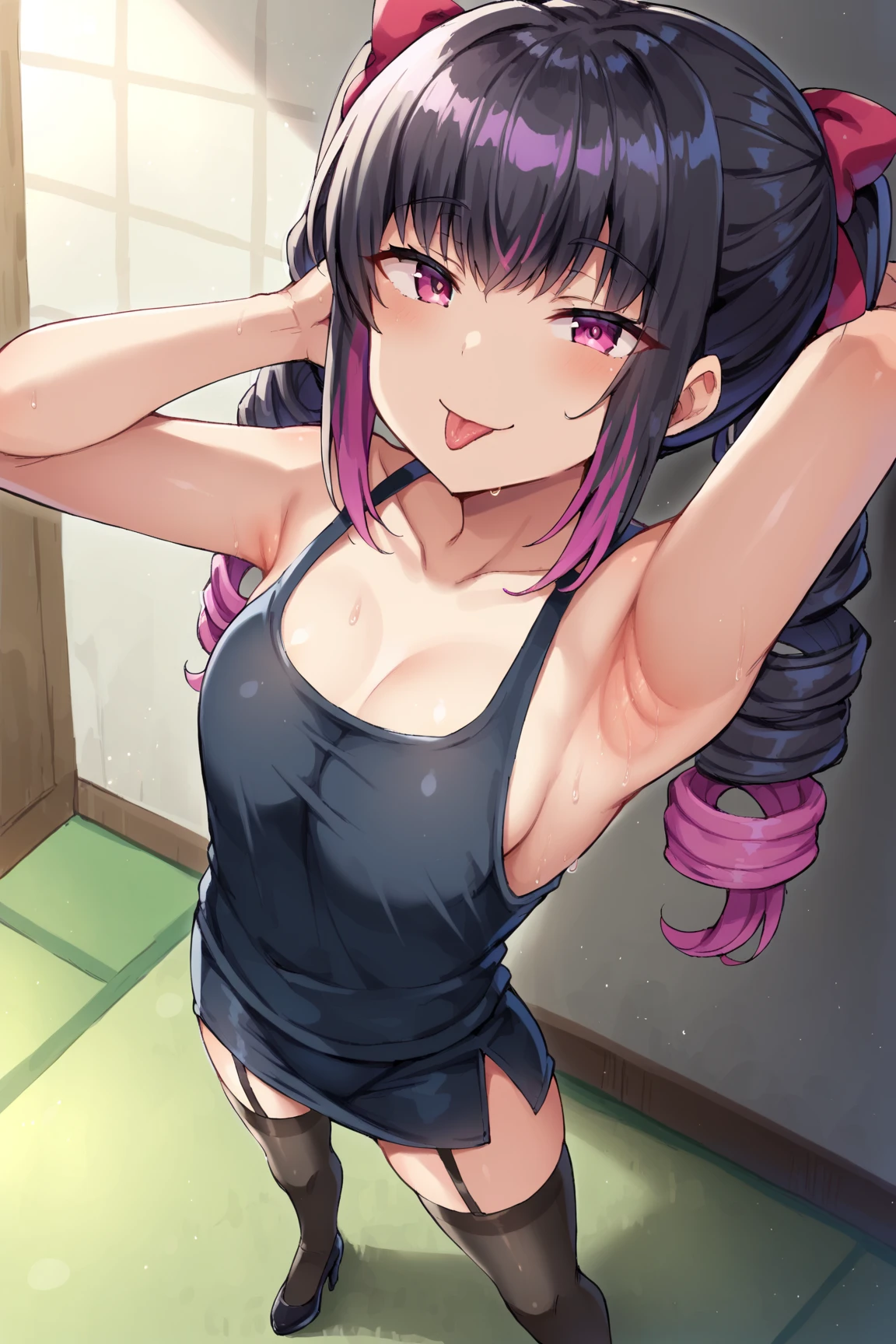 masterpiece, best quality, highres, Matoba Risa, 1girl, solo, busty, small breasts, black hair, twintail, sport bra, short skirt, garter on thigh, looking at viewer, full body, standing, simple background, (erotic pose:1.4), blush, smile, grinning, (Crotch panties exposed:1.3), ((Sweating in heat, arms behind head, double armpits, crouching down, half-squat, Open the crotch before:1.3)), In the middle, symmetrical, netorare face