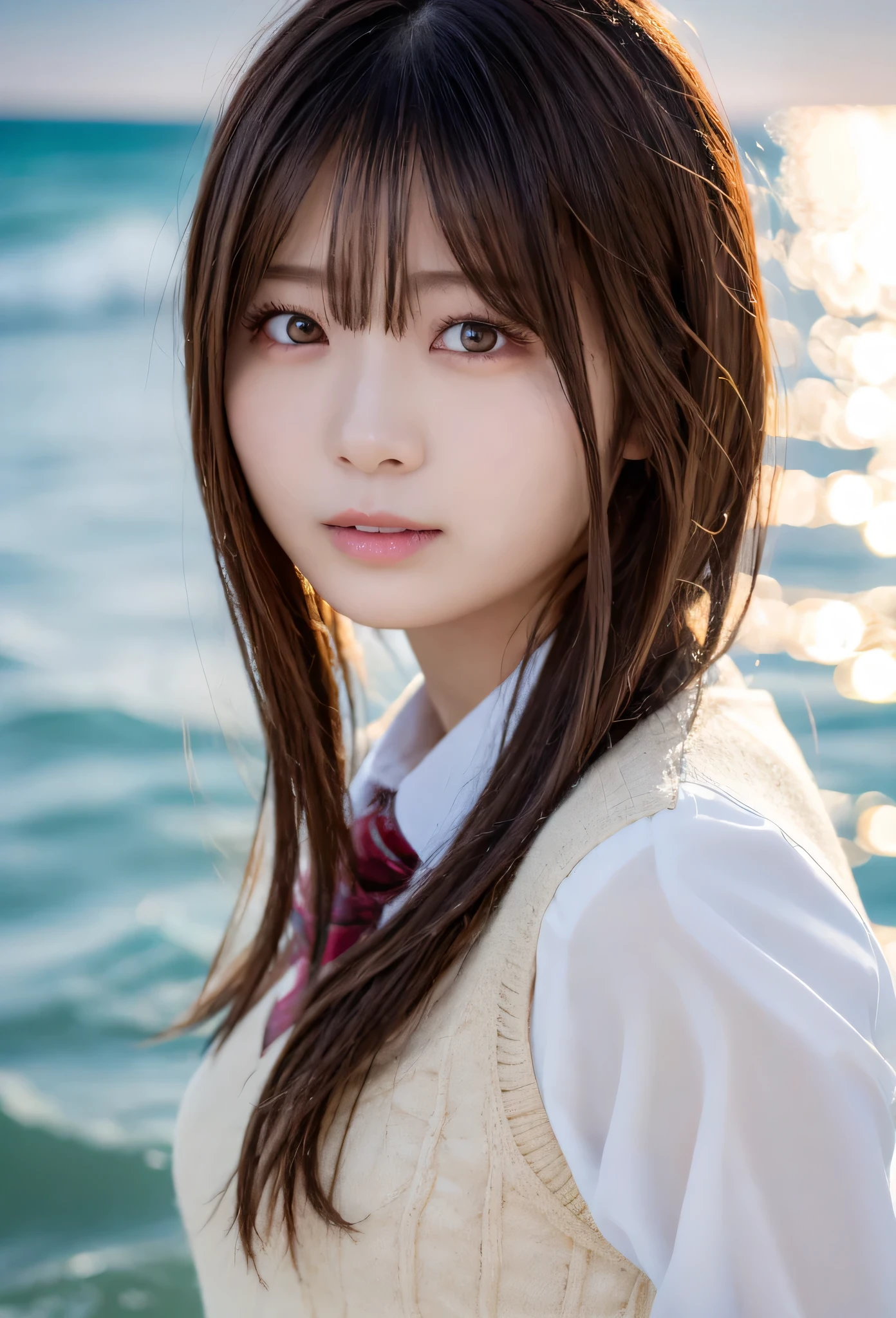 masterpiece, top quality, illustrations, ultra details, detailed depiction, high resolution, 8K Wallpaper, perfect dynamic configuration, beautiful detailed eyes、beach、snow、winter、angry, very long hair、Half Up Hairstyle、200mm, F2.8, Portrait Photo 、bust up、Bokeh ball、school uniform、Strong winds、Backlight、 strong backlighting 、Lens Flare、(semen:1.8)、wet hair、wet body、in the ocean、In the water