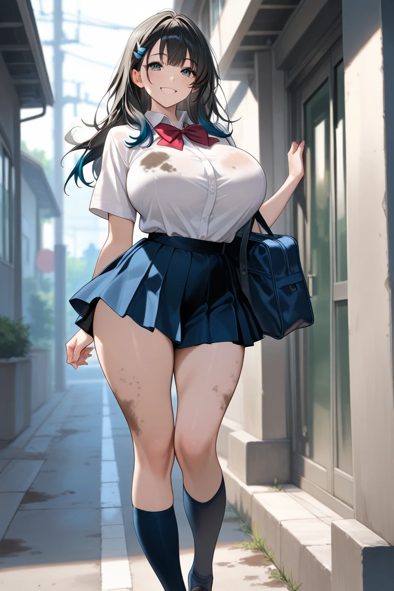Erotic Anime Illustration、best image quality、A plump high school girl seduces in a back alley、perfect proportions、sailor suit、Overwhelming big breasts that go beyond common sense、thick legs with fat、cowboy shot、Blushing and embarrassed、squat
