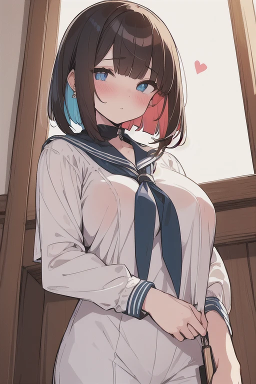(best quality), (Super detailed), (Best Illustration), (woman), look at viewer, (white serafuku), (large breasts), {(detailed eyes), (heart-shaped pupils), blue eyes}, {brown hair, (bob cut:1.3), curly hair, hairs between eyes}, blush, sweat, steam, earring, hair band,