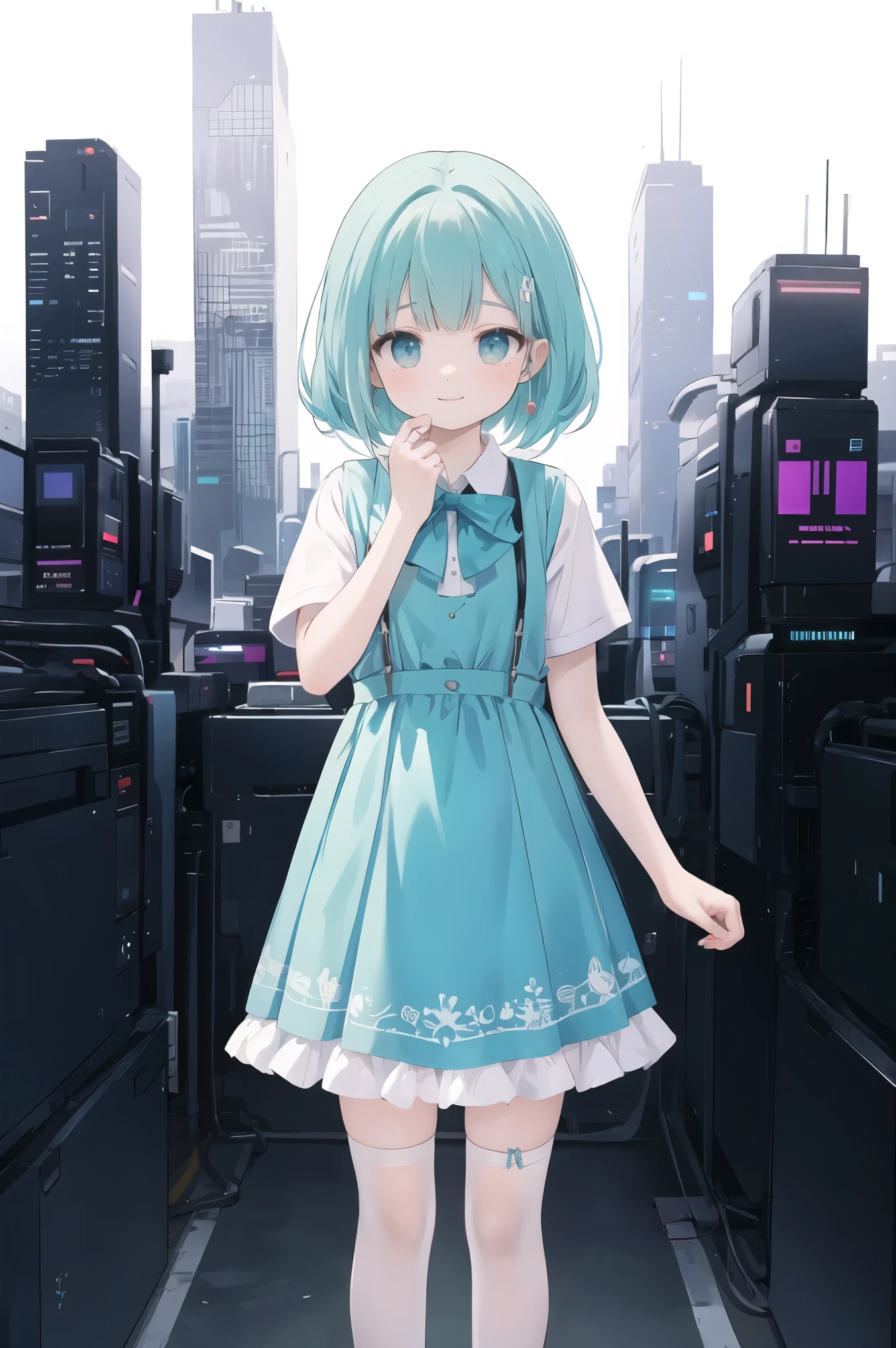1. Cute ,I'm wearing a turquoise dress with suspenders and white stockings,pats my head, happy , cyberpunk background
